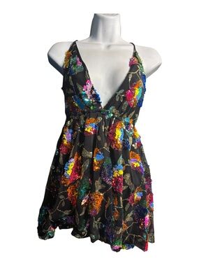 Lucy in the Sky Black Mini Dress with Multicolor Sequin Floral Embroidery